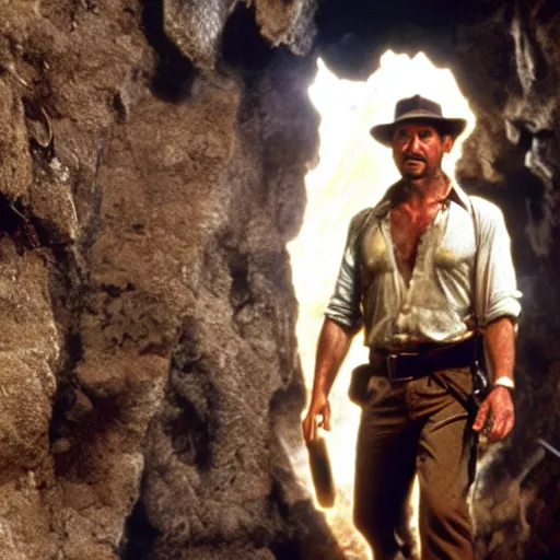 Image similar to indiana jones movie, running away from a builder in a cave