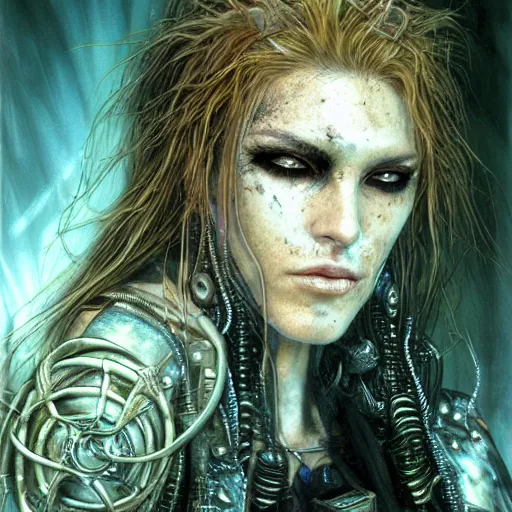 Prompt: an award finning closeup facial portrait by luis royo and john howe of a very beautiful and attractive female bohemian cyberpunk traveller aged 5 0 with green eyes and freckles in clothed in excessively fashionable cyberpunk gear and wearing ornate warpaint