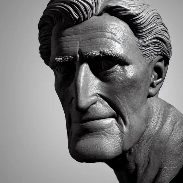 Prompt: photography of a bust of old Kirk Douglas made of clay by Sebastian Kruger and Michelangelo, 50mm, studio atmosphere, 8K, rim light, octane render, ultra-realistic