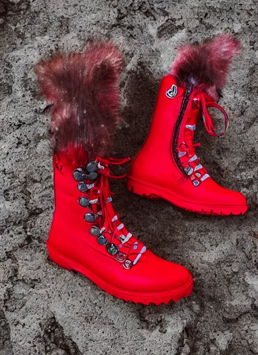 Image similar to hyperrealistic and heavy detailed moncler boots of whole lotta red by playboi carti, leica sl 2 5 0 mm, vivid color, high quality, high textured, real life