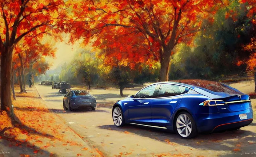 Image similar to new tesla model s on an autumn street by vladimir volegov