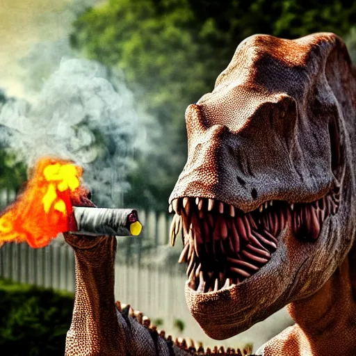 Image similar to dinosaur smoking a cigarette in their mouth realistic hdr professional shot