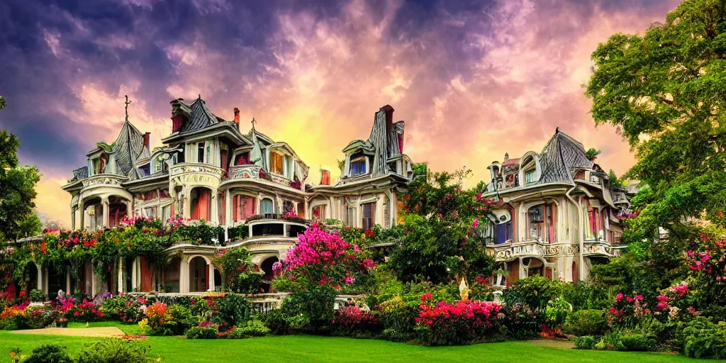 Prompt: art nouveau style mansion, summer clouds, dawn, romantic, bright colors, flowerbeds, vines, god rays, realistic, filmic lighting