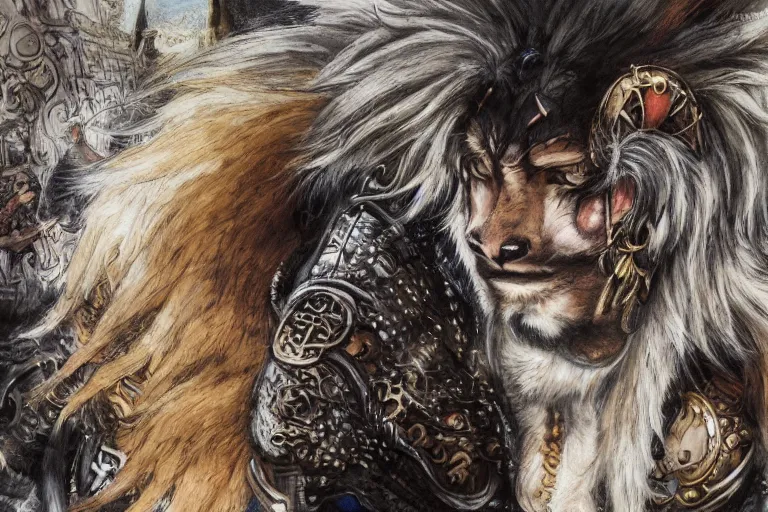 Image similar to 8k Yoshitaka Amano painting of upper body of a young cool looking lion beast-man with white mane at a medieval market at windy day. Depth of field. He is wearing complex fantasy bohemian clothing. He has huge paws. Renaissance style lighting.