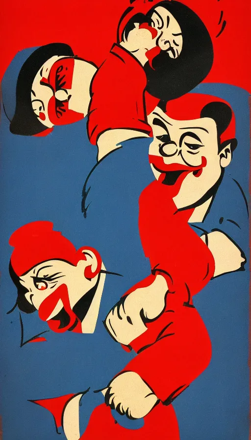 Image similar to a propaganda poster of a clown fight, soviet - era, 1 9 6 0 s, color palette, cold war, colors