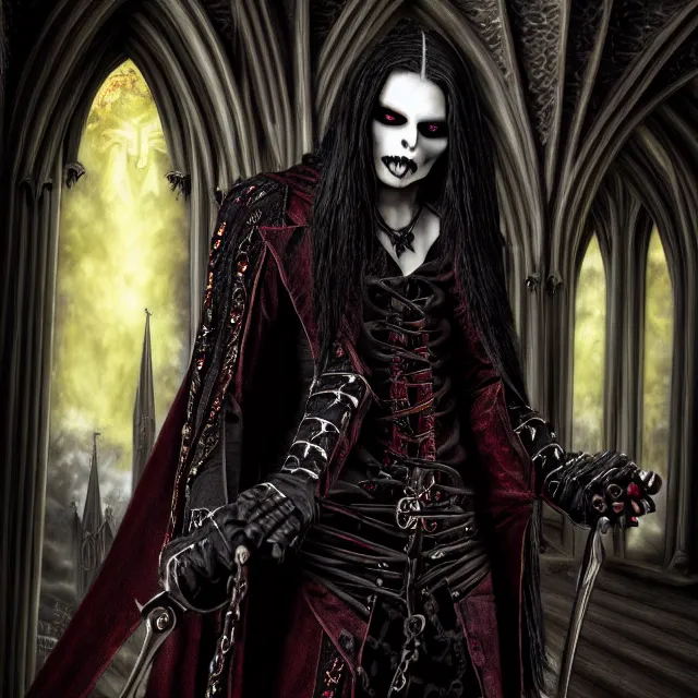 Image similar to vampire warrior, in a gothic church, highly detailed, 4 k, hdr, close up, portrait, smooth, sharp focus, high resolution, award - winning photo, illustrated by anne stokes, photorealistic