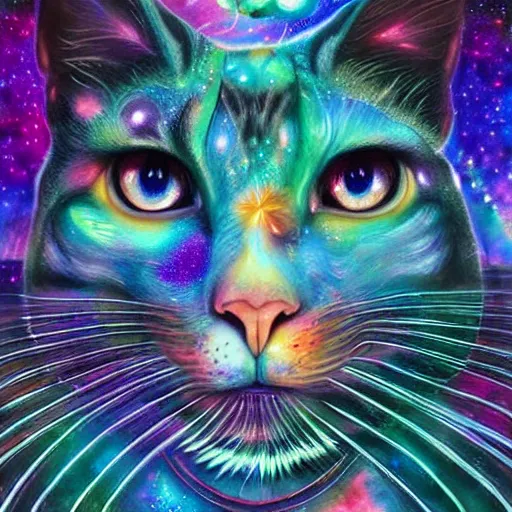 Image similar to a galaxy colored psychedelic chakra awakening kundalini ethereal portrait of a cat with her eyes closending to a higher plane of existence, eternal blessing, multiverse, by android jones, by ben ridgeway, visionary art, by artgerm, featured on artstation, cgsociety, by greg rutkowski