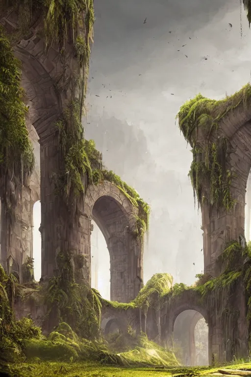 Image similar to gigantic castle, arches adorned pillars, towers, archways, gnarly trees, lush vegetation, forrest, landscape, raphael lacoste, eddie mendoza, alex ross, concept art, matte painting, highly detailed, rule of thirds, dynamic lighting, cinematic, detailed, denoised, centerd