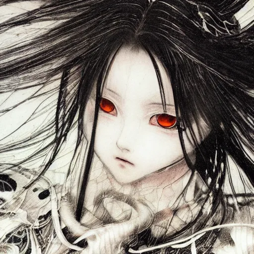 Image similar to yoshitaka amano blurred and dreamy illustration of an anime girl with black eyes, wavy white hair fluttering in the wind and cracks on her face wearing elden ring armor with engraving, abstract black and white patterns on the background, noisy film grain effect, highly detailed, renaissance oil painting, weird portrait angle, three quarter view, head turned to the side