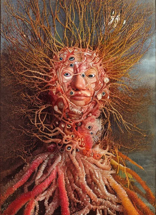 Image similar to a surreal painting of a shaman's face, made of jelly fish, coral reefs, by Giuseppe Arcimboldo, symbolist, soft colors, dramatic lighting, smooth, sharp focus, extremely detailed, aesthetically pleasing composition