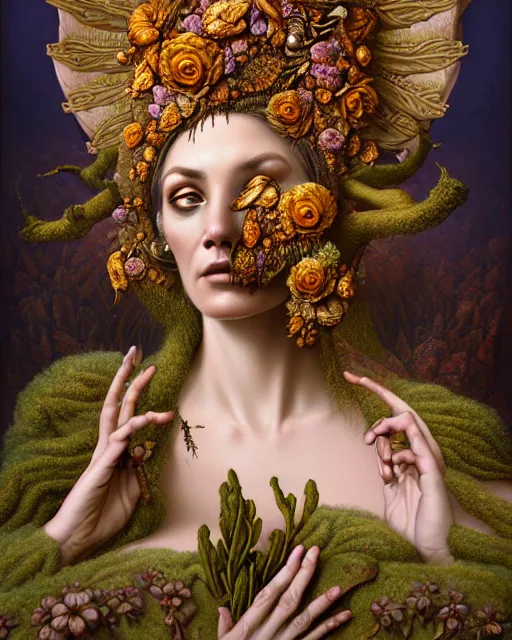 Prompt: portrait of the goddess of decay, unusual beauty, flowers and plants, emotionally evoking symbolic metaphors, head in focus, fantasy, ornamental, intricate, elegant, sensual, highly detailed digital painting, artstation, concept art, painterly, golden ratio, sharp focus, illustration, art by John William Godward and Boris Vallejo and Zdzisław Beksiński,