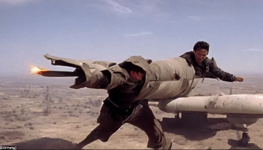 Prompt: Big budget movie scene, the hero clings to a flying nuclear missile as he tries to disarm it