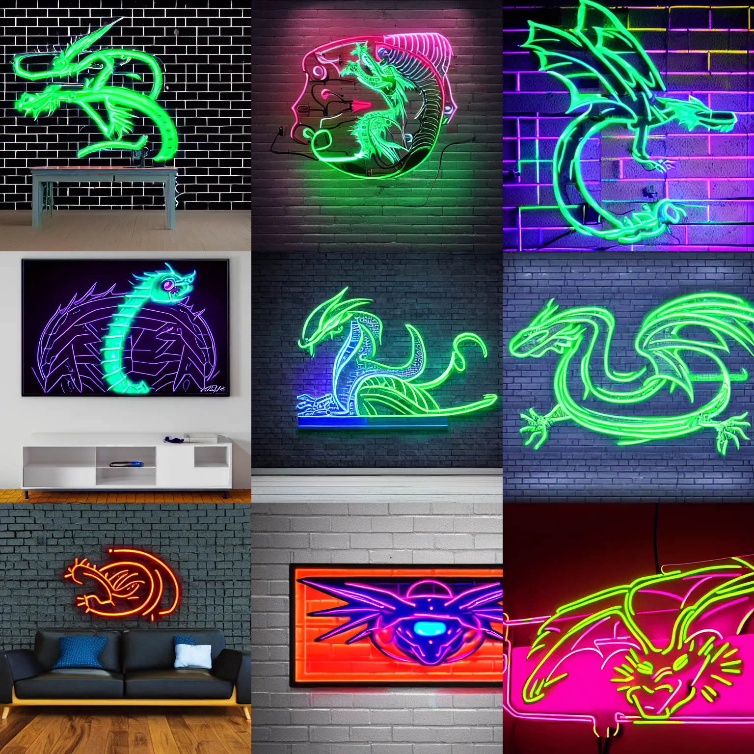 Prompt: 2D cybernetic dragon in neon light on a black wall