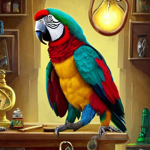 Prompt: Anthropomorphized parrot trader in his shop, selling his wares, portrait, items, gold, magic potions, carpet, window, sly expression , cunning expression, cute expression, cute eyes, presenting wares, holding a gold bag, D&D, fantasy, cinematic lighting, highly detailed, digital painting, artstation, concept art, smooth, sharp focus, illustration, warm light, cozy warm tint, magic the gathering artwork, volumetric lighting, 8k, art by Akihiko Yoshida, Greg Rutkowski