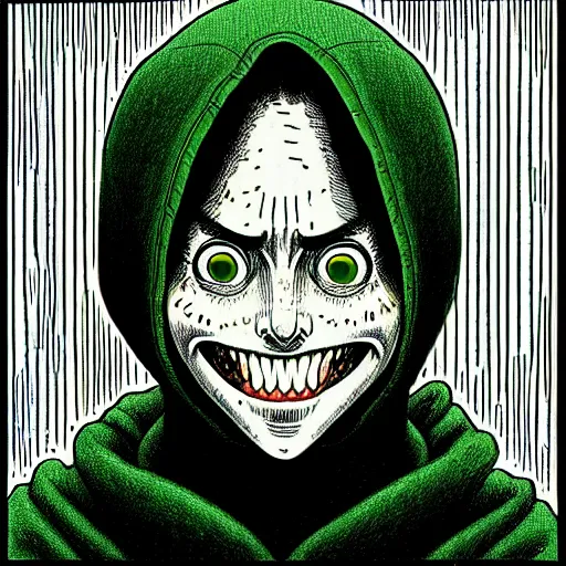 Image similar to portrait of programmer with green hood by junji ito