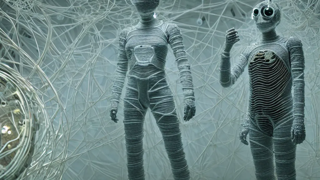 Image similar to a cybernetic symbiosis of a single astronaut eva suit made of pearlescent wearing knitted yarn thread infected with diamond 3d fractal lace iridescent bubble 3d skin covered with stalks of insectoid compound eye camera lenses floats through the living room, film still from the movie directed by Denis Villeneuve with art direction by Salvador Dalí, wide lens,