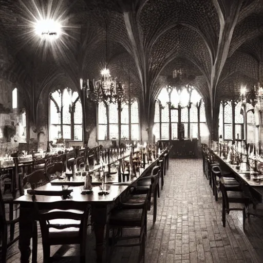 Prompt: a dining hall in a gothic castle. It's dark, and only moonlight lights up the scene.