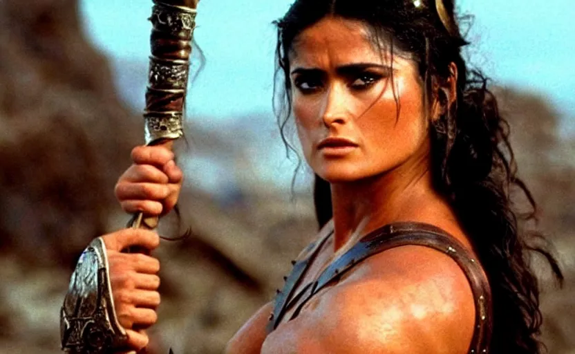 Prompt: epic photo of muscular salma hayek as beautiful barbarian warrior princess in a battle scene, sweaty, detailed eyes, neutral expression, shallow depth of field, photorealistic, cinematic lighting, lovely bokeh, warm colours, dusk, movie quality, conan the destroyer 1 9 8 5