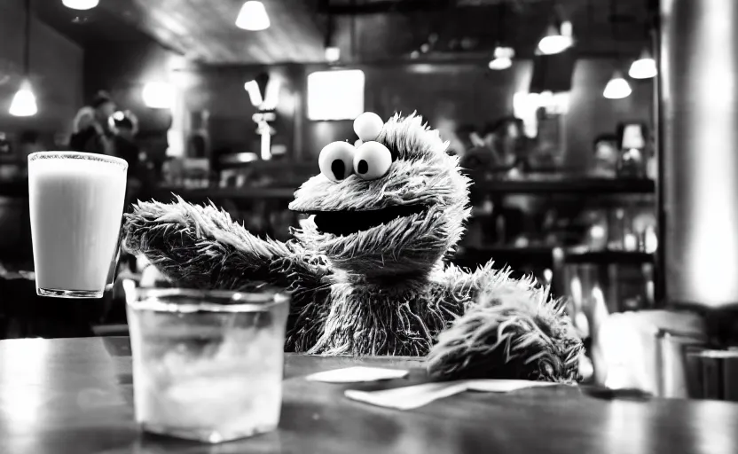 Prompt: Cookie Monster drinking a glass of milk at the bar after a long day, frustrated and exhausted, wide angle, black and white