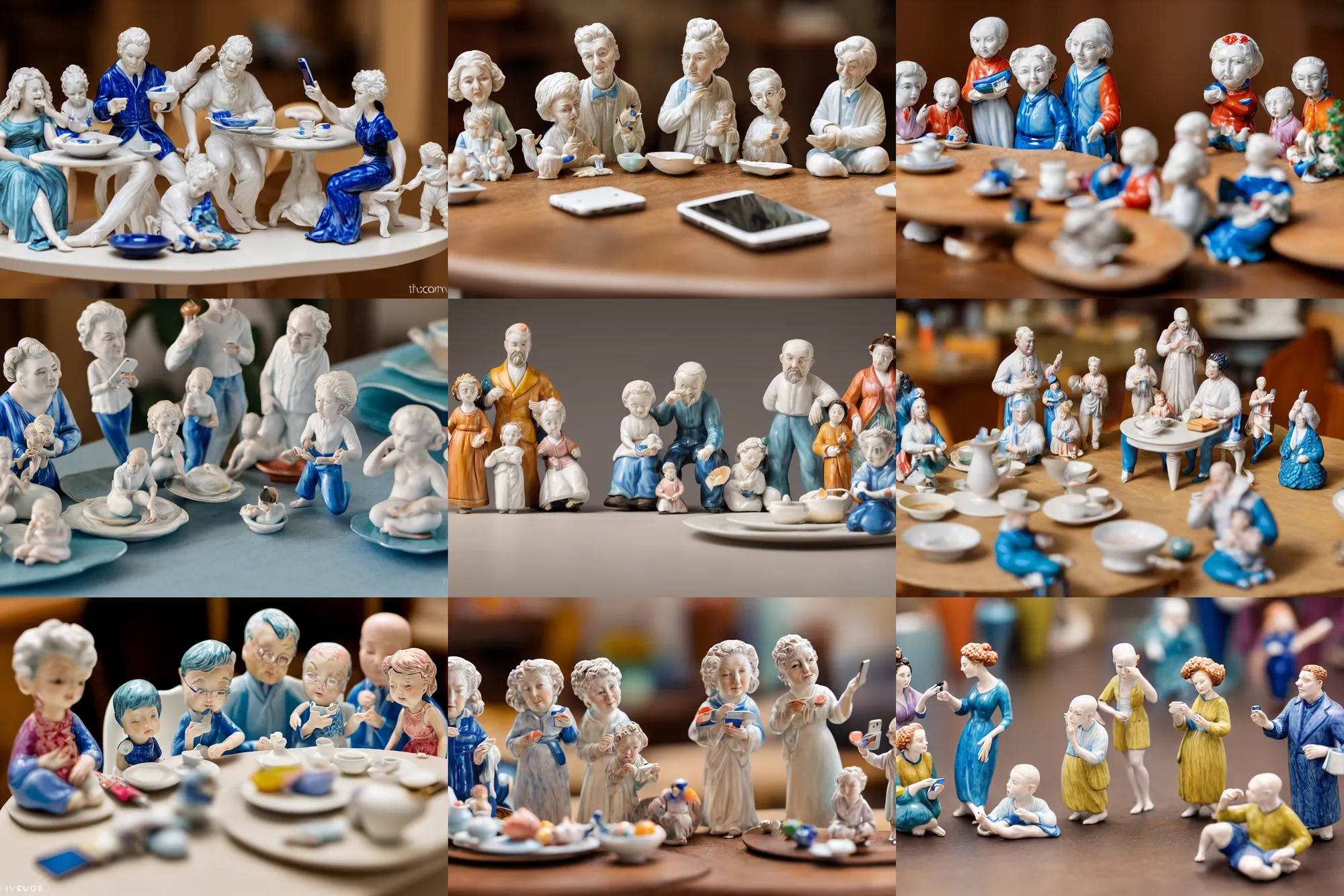 Prompt: A vivid porcelain composition of a family of figurines staring down at their iPhones at a table, amazing craftsmanship, Tamron SP 90mm F/2.8 Di VC USD Macro