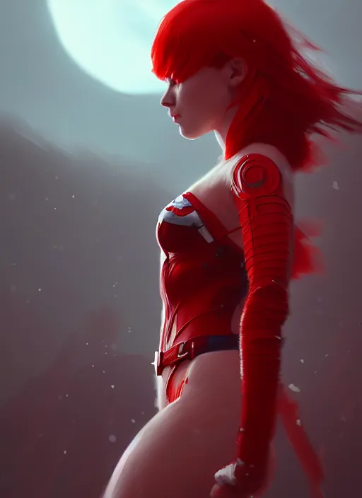 Image similar to a beautiful red - haired girl dressed as a superhero, intricate, elegant, highly detailed, digital painting, artstation, concept art, smooth, sharp focus, illustration, ethereal, misty, by ilya kuvshinov and jeremy mann, 8 k, octane render