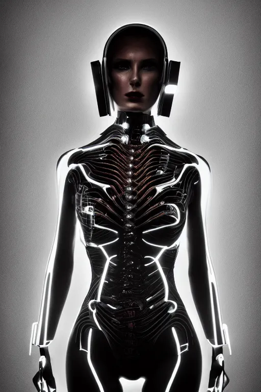 Image similar to beautifull anatomialy perfect cyberpunk woman model, wearing organic ceramic fractal armor, luxury materials, symmetrical, cinematic, elegant, professional studio light, real dlsr photography, sharp focus, 4 k, ultra hd, sense of awe, high fashion