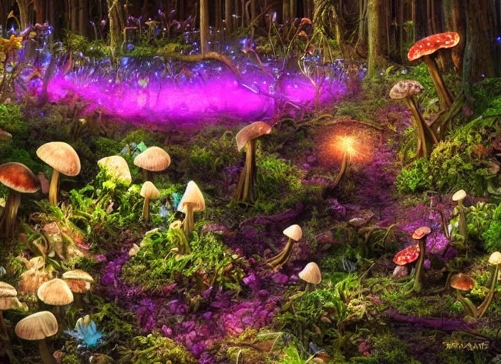 Image similar to glowing delicate flower and mushrooms that grow in a dark fatansy forest on the planet Pandora,