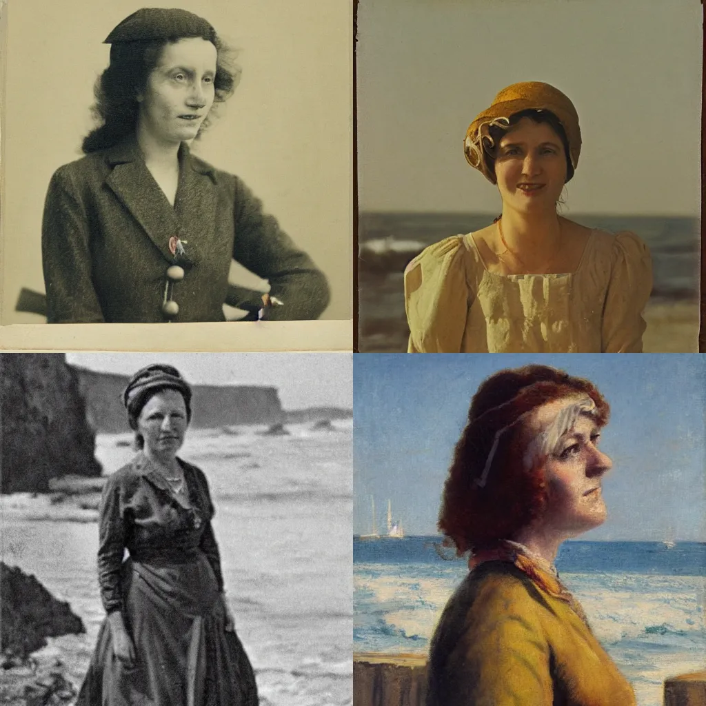 Prompt: portrait of woman on the seaside before the war