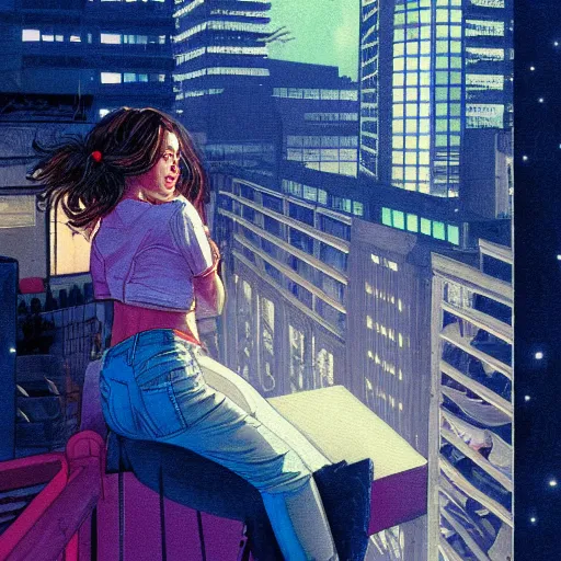 Image similar to a beautiful artwork of a woman in jeans and white shirt sitting on the balcony of a hotel at night, top view, neon and rainy theme atmosphere by Jerome Opeña, featured on artstation