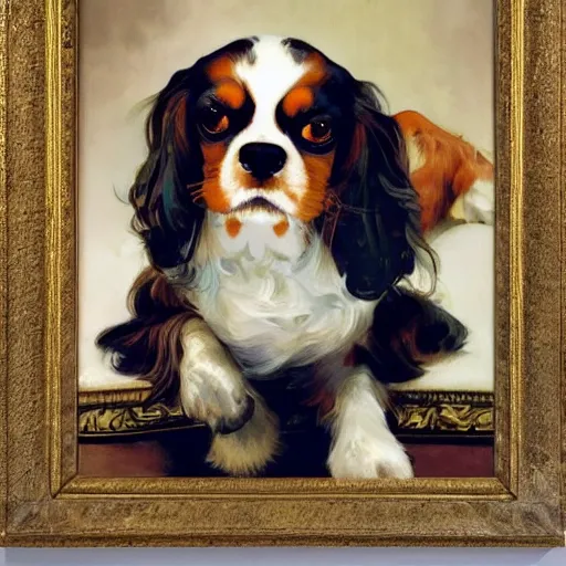 Image similar to a cavalier king charles spaniel who is really bored, tired, lying on a sofa with pillows, oil on canvas, by artgerm and greg rutkowski and alphonse mucha