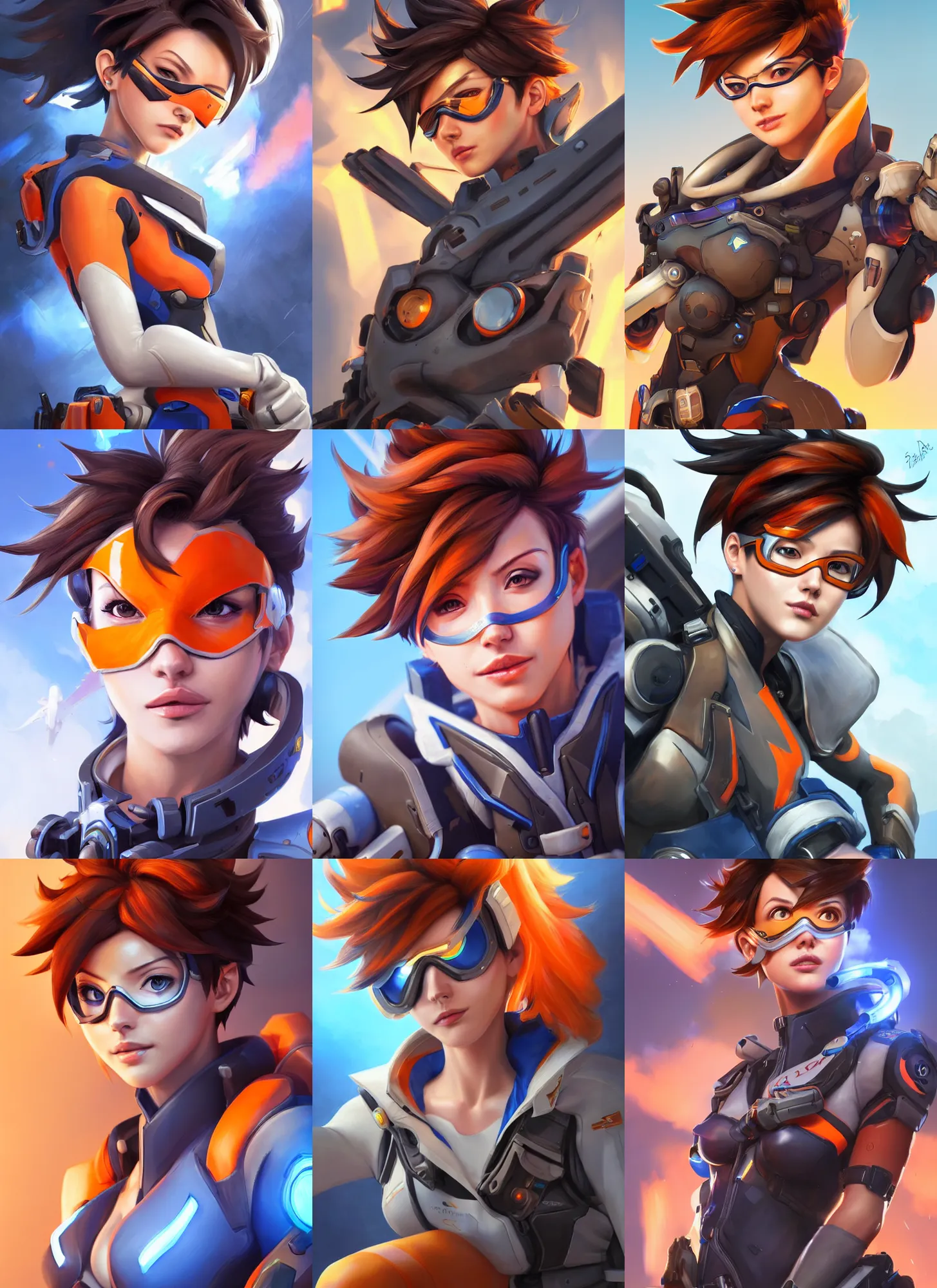 Prompt: A beautiful portrait of Tracer from Overwatch standing next to a fighter jet, long shot, realistic, highly detailed, by Stanley Artgerm Lau, WLOP, and Rossdraws, digtial painting, orange and blue color scheme, trending on ArtStation