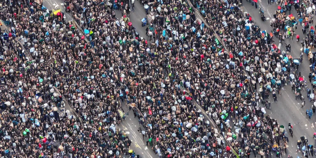 Prompt: million of people rioting on the streets, aerial view, wide angle