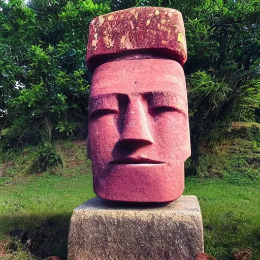 Prompt: moai head with pink hair