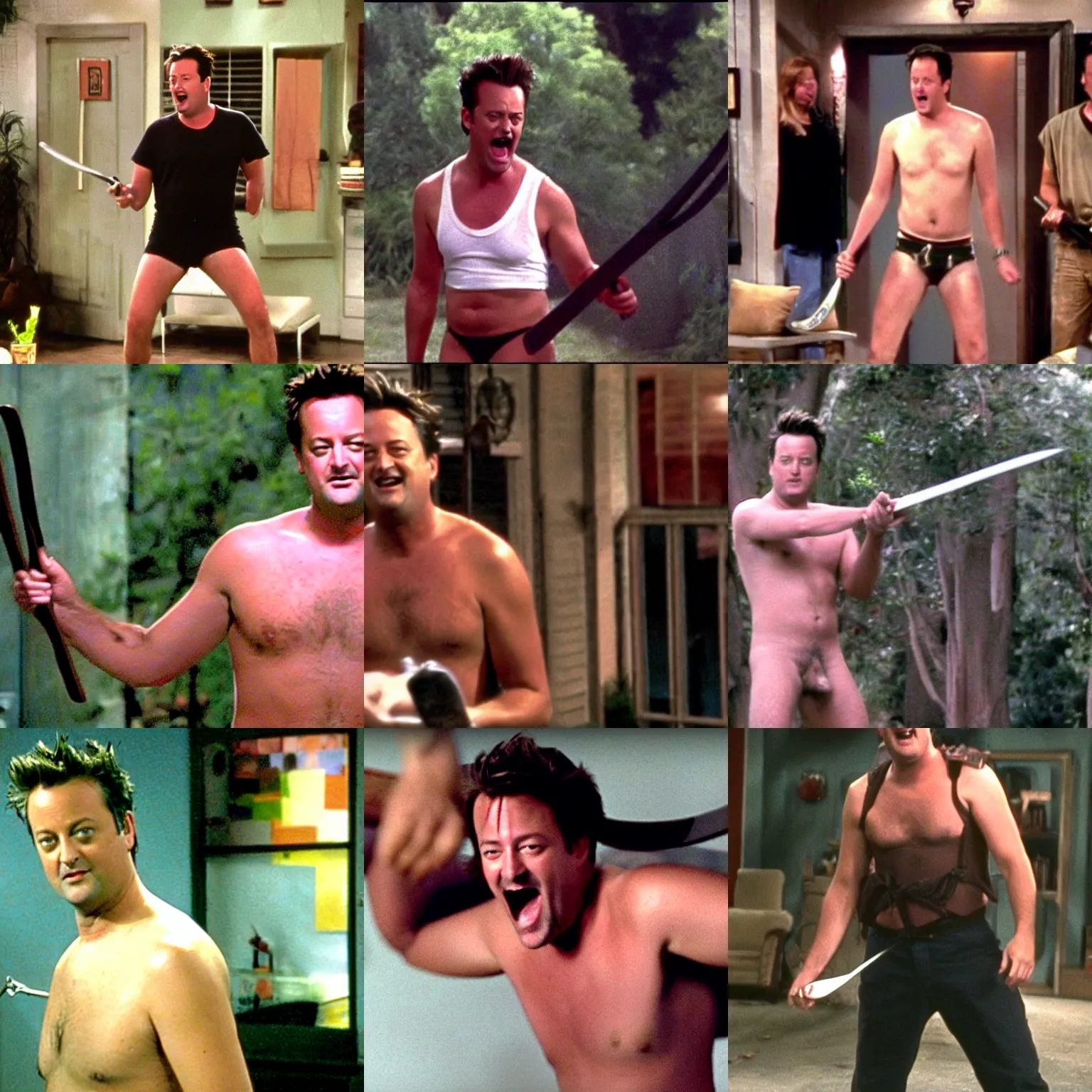 Prompt: matthew perry wearing only white briefs swinging a machete while screaming, friends 9 0 s tv show screenshot,