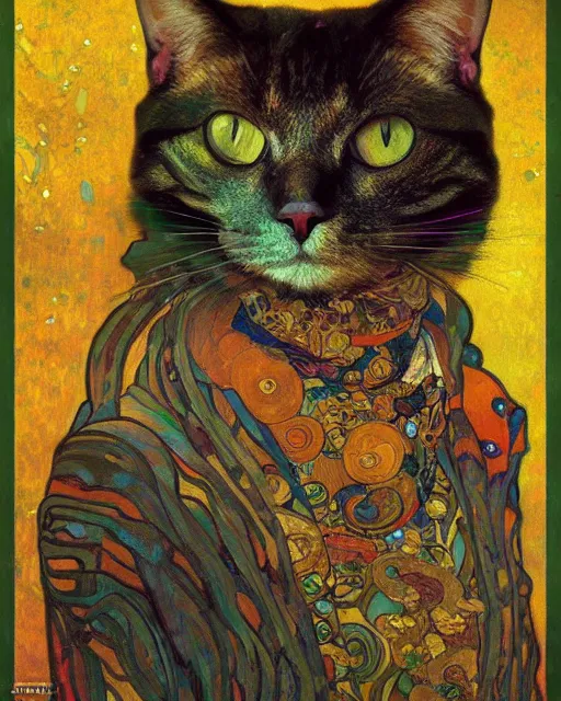 Prompt: gentleman cat portrait an oil painting splashes with many colors and shapes by gustav klimt greg rutkowski and alphonse mucha, polycount, generative art, psychedelic, fractalism, glitch art