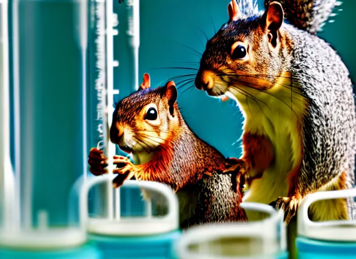 Image similar to film still of a squirrel working in a research lab filling test tubes, 8 k