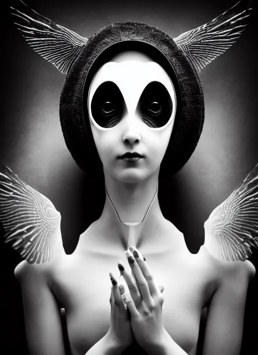 Image similar to surreal mythical dreamy dark artistic black and white fine art fashion portrait photo of a young beautiful delicate female robot - owl - nun praying, spiritual, halo, glory, rim light, cinematic, studio dramatic light, poetic, masterpiece, octane render, 8 k, photo - realistic by william bouguereau man ray