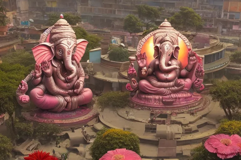 Image similar to beautiful futuristic new delhi, sci - fi ganesha!! building, kalighat flowers, octane highly detailed cinematic, stephen shore & john j. park, soft morning light, wide shot, aerial shot, uhd 8 k, shallow depth of field