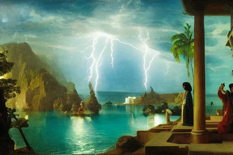 Prompt: Palace of the chalice, refracted sparkles, thunderstorm, greek pool, beach and Tropical vegetation on the background major arcana sky, by paul delaroche, hyperrealistic 4k uhd, award-winning, very detailed paradise