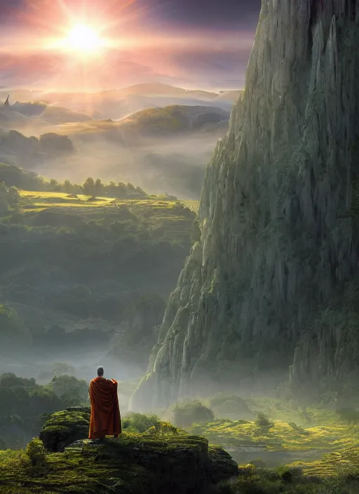 Image similar to a cosmic monk in lord of the rings scenery landscape, looking out at a vast lush valley at sunrise, temple castle in the distance, god's rays, highly detailed, vivid color, cinematic lighting, perfect composition, 8 k, gustave dore, derek zabrocki, greg rutkowski, belsinski, octane render