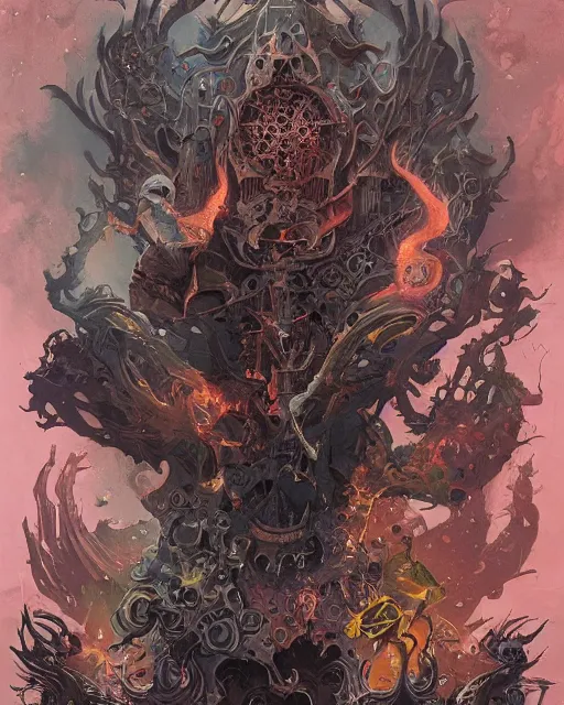 Prompt: Evil, chaos, hypermaximalist, ornate, horror, Peter Mohrbacher, Marc Simonetti, Mike Mignola, detailed, intricate ink illustration, symmetry, bloodborne, colorful