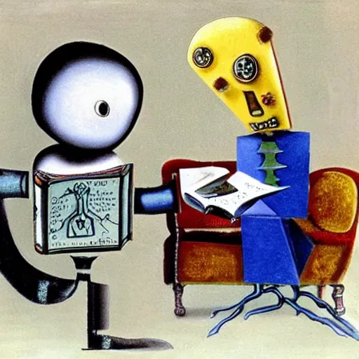 Image similar to a robot reading a book by salvador dali