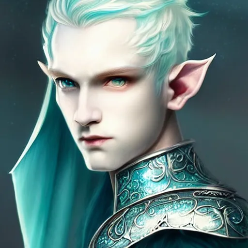 Prompt: handsome male snow elf in a turquoise cape and silver ornate armour, highly detailed face, albino skin, pointed ears, beautiful eyes, ethereal opalescent mist, moonlight snow, fantasy art, perfect face, elegant, very coherent symmetrical artwork, atmospheric lighting, rule of thirds, by wenjun lin, krenz cushart, charlie bowater, trending on artstation