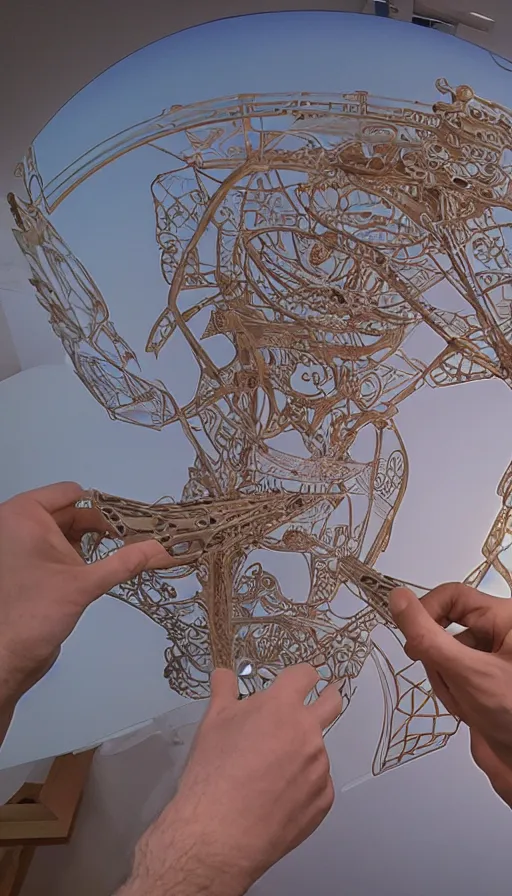 Prompt: assembling an intricate floating sculpture, a detailed 8K still of a first-person view within a floating 3D VR hand interface (floating hologram levers and controls coating my fingers and extending my reach) (iOS hologram UI controls) by Jony Ive, Moebius, intricate artwork by Lawrence Alma-Tadema and James Turrell, 8K, sunrise atmospheric phenomena