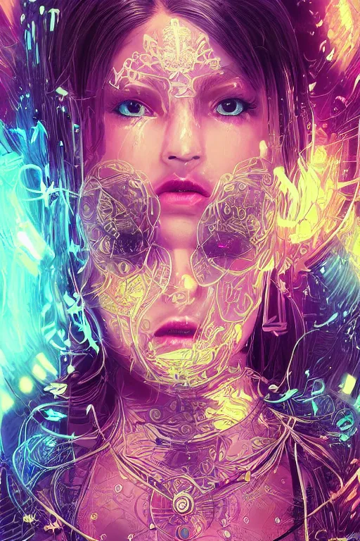 Image similar to An extremely beautiful neon-noir kawaii ornate highly detailed HD portrait of a young attractive woman with a silky bio-luminiscent holographic dress, neo-cyberpunk, professionally painted digital art illustration, smooth, sharp focus, atmospheric lighting, highly detailed illustration highlights, golden ratio, symmetrical facial features, extremely detailed winning award masterpiece, very coherent symmetrical artwork, sense of awe, 8K post-processing, trending on artstation flawless, prismatic highlights, telephoto, depth of field, cinematic, macro, concept art, wepa digital, elegant, epic, octane render, v-ray, C4D