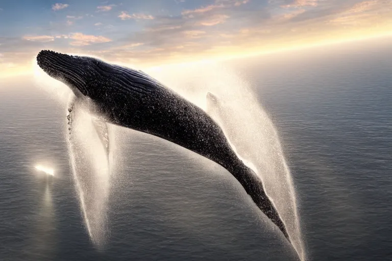 Image similar to a humpback whale flying over the NFL Super Bowl Stadium cinematic lighting by Jessica Rossier