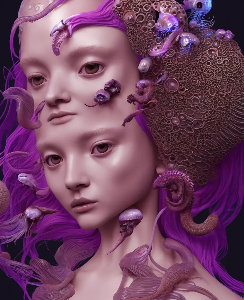 Image similar to goddess princess beautiful face close-up portrait ram skull zbrush sculpt. jellyfish phoenix head, nautilus, orchid, skull, betta fish, bioluminiscent creatures, intricate artwork by Tooth Wu and wlop and beeple. octane render, trending on artstation, greg rutkowski very coherent symmetrical artwork. cinematic, hyper realism, high detail, octane render, 8k