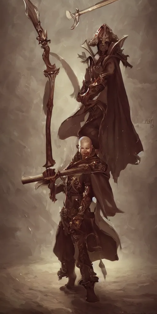 Image similar to Full body portrait of the great inquisitor of the Sect of the Holy Truncated Spoon, holding his ceremonial giant spoon weapon. Award-winning digital art, trending on ArtStation