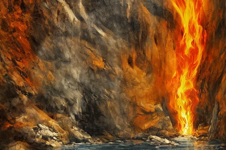 Prompt: a man made out of fire screams at the bottom of a canyon as a river approaches and the shadows lengthen, chiascuro, classical artwork, art from the greatest artists, award - winning,