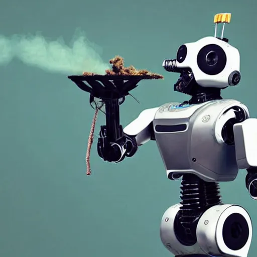 Image similar to chappie the robot, smoking a marijuana - blunt - joint, tons of smoke, coughing